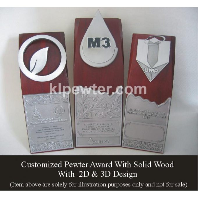 Customized Pewter Award with Solid Wood with 2D & 3D Design
